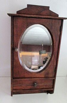 Antique French Carved medicine bathroom Wall Cabinet Oval Beveled mirror apothecary