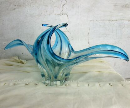 Large Italian Art Glass Blue Bowl Dish Centerpiece Basket era Murano Seguso