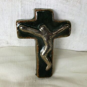 Small Mid Century Modern Ceramic Modernist Crucifix Green Silver Era Amphora