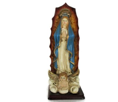 Statue Figurine Virgin Mary Our Lady Madonna Resin Infant Child Polychrome angel at Feet Hard Plastic