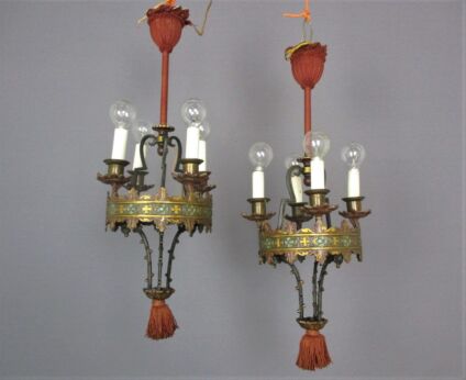 Gothic Pair Couple Lanterns Ornate Chandeliers Pendants Bronze Antique 19th C