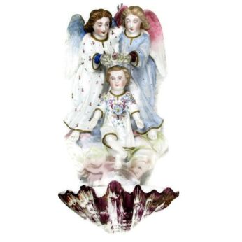 Stunning French Holy Water Font Vessel Infant Angels Flower Crown Bisque HTF