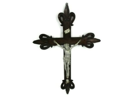Large Hand Carved Wood Frenchg Oak Ornate Hanging Crucifix Cross Jesus Christ  Silver Colored Corpus 31.88"