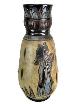 Art Deco Revival Vase Marked Dubois Egyptian Mythology Stoneware 16.92"