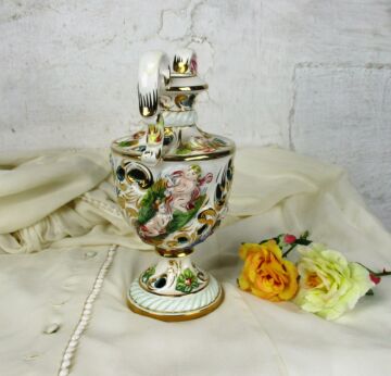 Capodimonte Small Vase Handles Porcelain Italy Marked Cherubs Playing in Garden