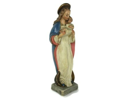 Art Deco Virgin Mary Madonna Infant Child Plaster Polychrome Tenderness Statue 13.77"