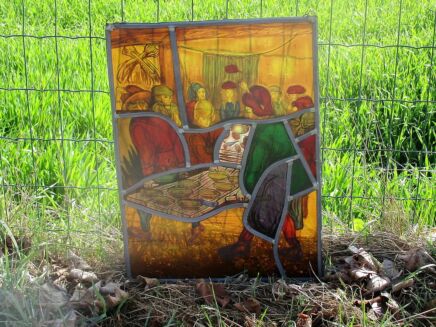 Stained Leaded Glass Art Panel Signed Breughel Flemish Scene Fest
