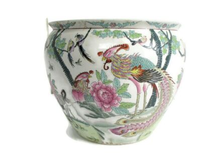 XX Large Vintage Chinese Porcelain Enamel Famille Rose Koi Fish Bowl Planter Vase Birds of Paradise Peacocks Stunning
