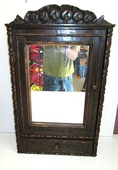 Antique Belgium Oak medicine Wood Carved bathroom Cabinet Glass beveled mirror signed