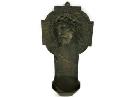 Holy Water Font Jesus Christ Head of Crowns Hanging vessel Antique Gorgeous Brass
