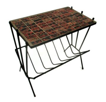 Vintage Mid Century Modern Magazine Newspaper Basket Rack Side Table Funky Ceramic Tiles Wrought Iron