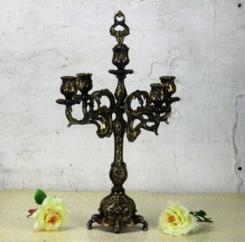 Antique Gorgeous Brass Ornate Candle Holder Candelabra 5 arm Snuffer 17.32"H