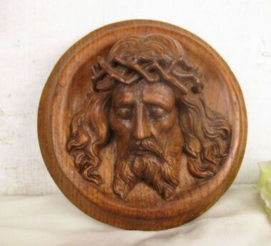Wall Plaque Tile hand Carved Wood Art Jesus Christ Head of Thorns Sculpture