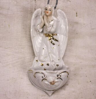 Antique French Holy Water Font Vessel Bisque Porcelain Angel Collector HTF 6.2"