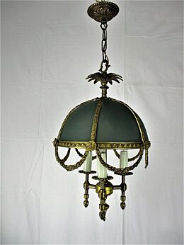 French Empire bouillotte Chandelier 3 Lights Green Tole Garlands Guirlandes Rare HTF