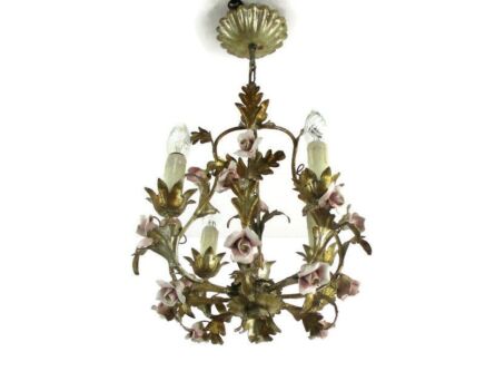 Italian Regency Chandelier 4 arm Lights Ornate Faux Brass Porcelain Roses