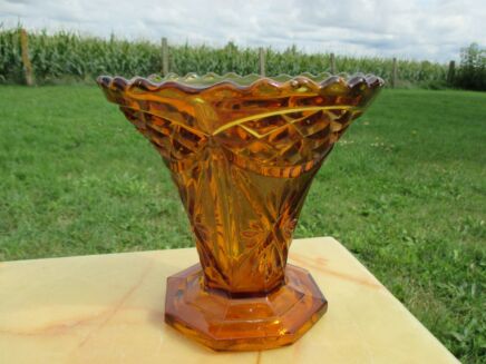 Art Deco Amber Flower Holder Pique-fleurs Depression glass Vase 2 pieces