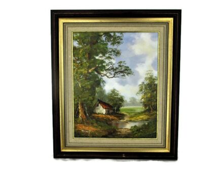 Lovely Oil Painting on Canvas Framed Beautiful Landscape Wood Creek Cabin Signed heinrich Knauf