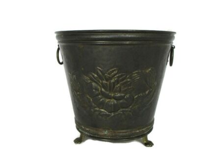 Large Planter Vintage Hammered Brass Kettle Decorative Lion Feet Flowers Rings Beautiful Flower pattern