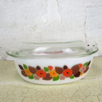 Vintage Schott Mainz Jena Glass Casserole Oven Dish with Lid Retro Flowers