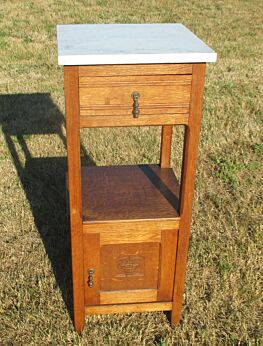 Antique French Carved wood Basket White Marble Cabinet End Table Nightstand
