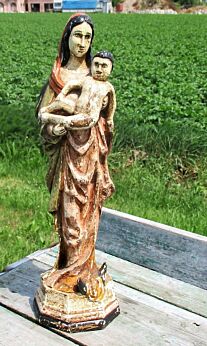 Polychrome Virgin Mary Madonna Child Carved Wood Statue Figurine Crescent Moon