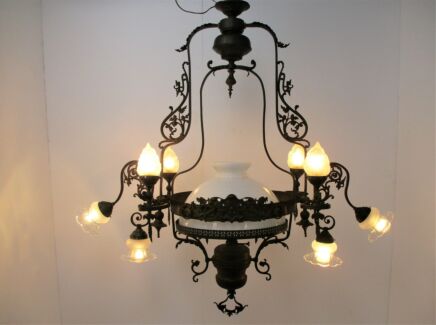 Antique Chandelier Lampe Belge Revival Dragons Opaline Signed A. Crokaert WOW