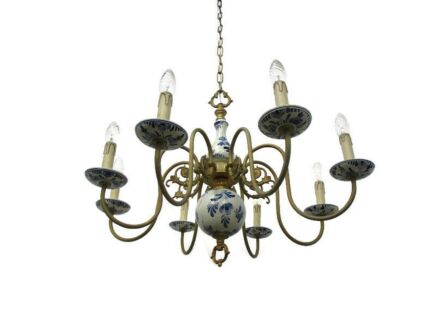 Delft Blue White Porcelain Ornate Brass Chandelier Dutch 8 Arms 8 Lights Lovely