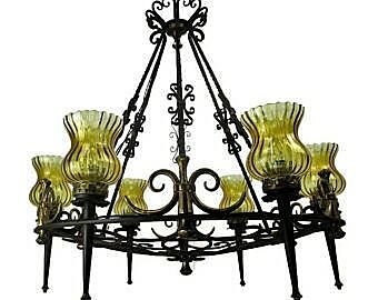 Huge Castle Chandelier 6 Lights Amber Glass Shades Wrought Iron Gold Black