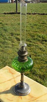 Antique Oil Lamp Kerosine Green Glass Bubbled glass Pewter Tin