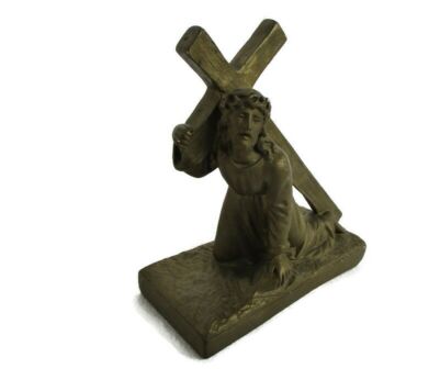 Plaster Vintage Jesus Christ Statue Carrying Cross Crucifix 10.62" Gold Colored Beautiful Dramatic