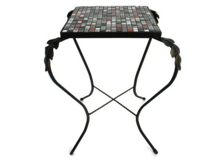 Vintage Small Side Table Plant stand Mosaic tiles Checkered pattern Wrought Iron