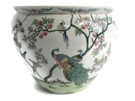 X Large Vintage Chinese Porcelain Enamel Famille Rose Koi Fish Bowl Planter Vase Birds of Paradise Peacocks Stunning