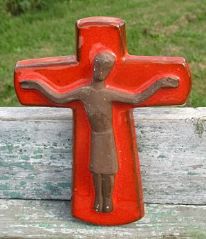 Small Mid Century Design Ceramic Modernist Crucifix era Perignem Orange Brown