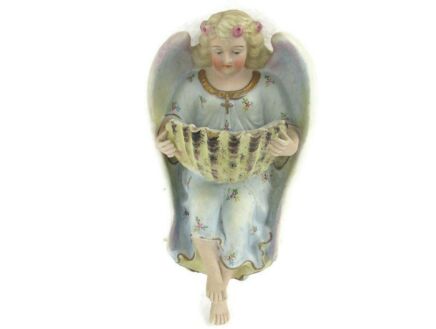 porcelain Bisque Holy Water Font Vessel Angel  Wall Hanging Vintage