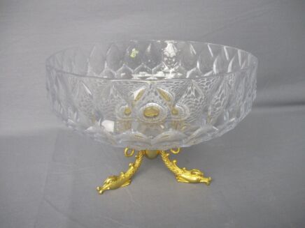 Art Glass Bowl Dish Centerpiece Basket Marked Brass Fish Legs Lovely Hollywood regency