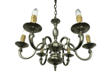 Flemish Dutch Style Chandelier 6 Arm Lights Pewter Country Barn Style Farmhouse