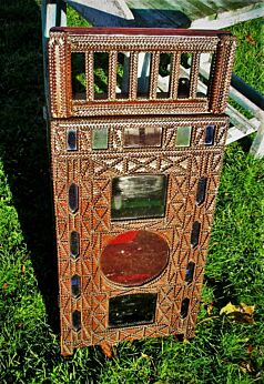 Tramp Art Medicine Bathroom Cabinet Colored Glass Extremely Rare WOW