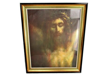 Lovely Print Repro Framed Jesus Christ Savior Head of Thorns Signed