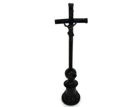 Antique Dark Carved wood Table Standing Crucifix Round Base Brass Corpus Snake Wonderful