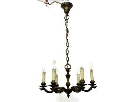 Vintage Chandelier Bronze 6 arms Hollywood regency Style Ornate Ceiling Fixture