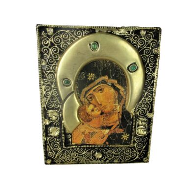 Vintage Traveling Icon Copper over Print Madonna with Infant Magnificat