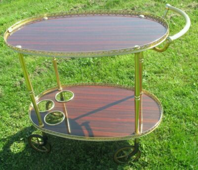 Vintage Bar Cart Mid Century Italian Hollywood Regency Gold Chrome Brown Oval Marked