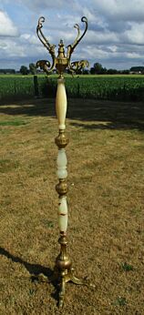Ornate Antique Brass & Onyx Marble Hall Tree Coat Hat Rack Stand Floor White