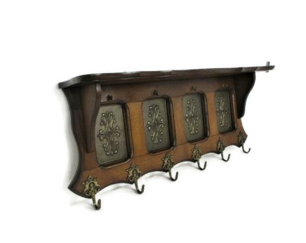 Vintage Wood Coat Hat Rack Copper Breughel Style Plaques Mid Century Modern