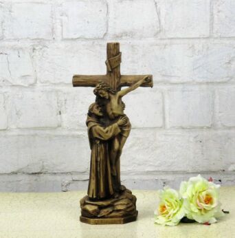 Saint Francis of Assisi Carrying Jesus Christ Cross Resin Statue Crucifix