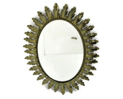 Mid Century Modern Large Ornate Oval Wall Hanging Mirror De Knudt Brass Leafs