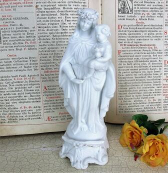 French Antique 1900 Bisque Statue Virgin Mary Madonna Flower Wreath Infant 9.25"