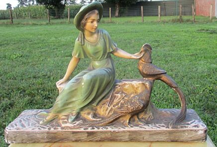 Plaster Statuette Art Deco Statue sculpture Young Woman peacocks Birds Decora