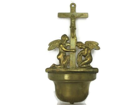 Vintage Large Brass Holy Water Font Angels Crucifix Cross Jesus Wall Hanging